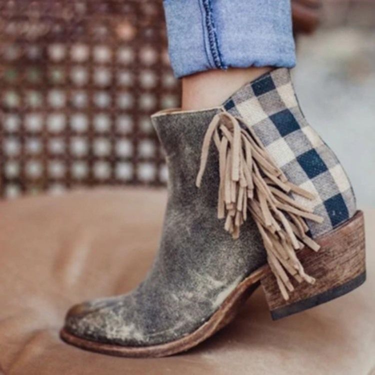 Bottes Plates Pour Femmes À Carreaux Avec Fermeture À Glissière Latérale Et Bout Rond