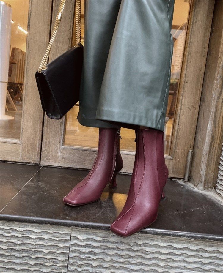 Bottes De Soie Courtes Pour Femmes Talons En Fer À Cheval Bout Carré Fermeture Éclair Latérale