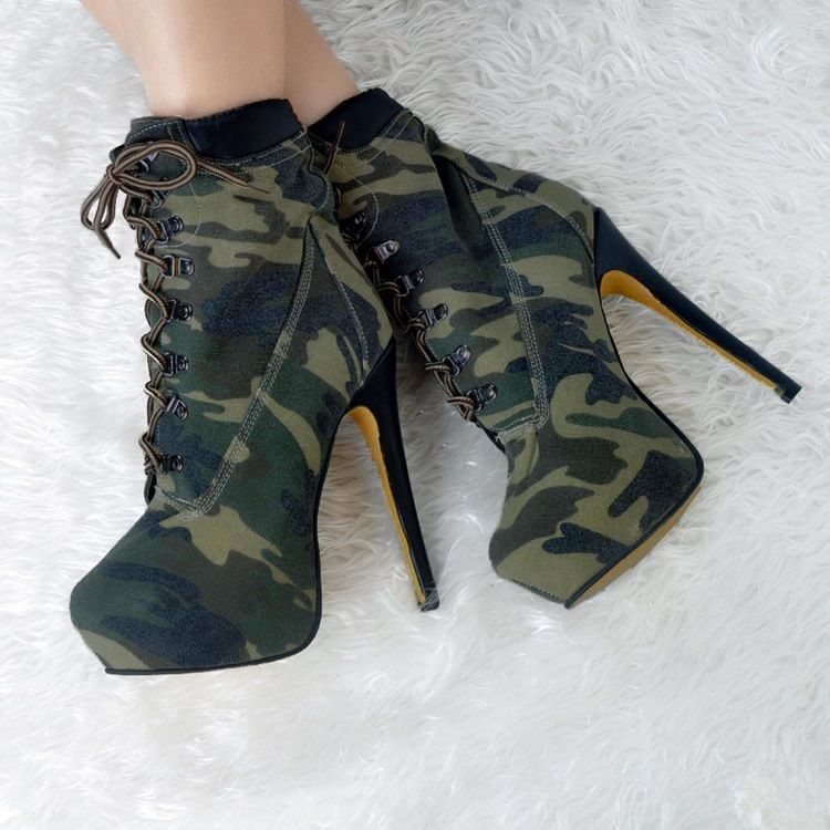 Bottes À Talons Hauts À Lacets Camouflage Pour Femmes