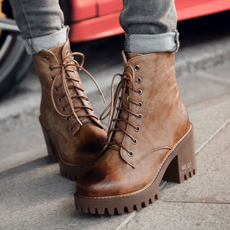 Bottines Pour Femmes À Bout Rond Et Talon Épais En Pu