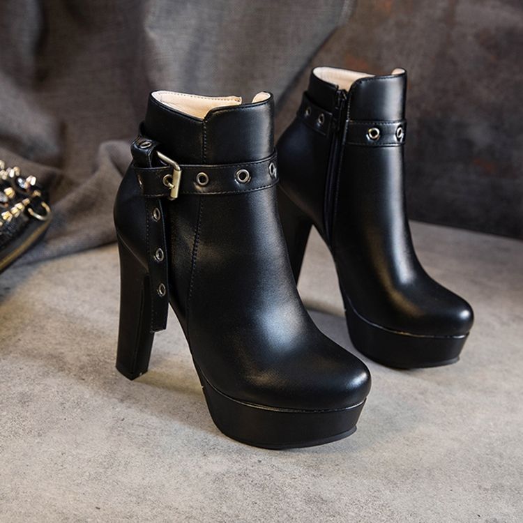 Bottines Pour Femmes À Fermeture Éclair Latérale Et Talon Épais À Bout Rond