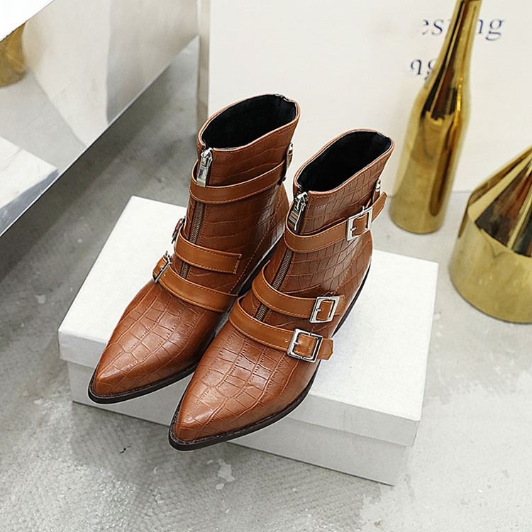 Bottines Unies À Bout Pointu Et Fermeture Éclair Avant Pour Femmes