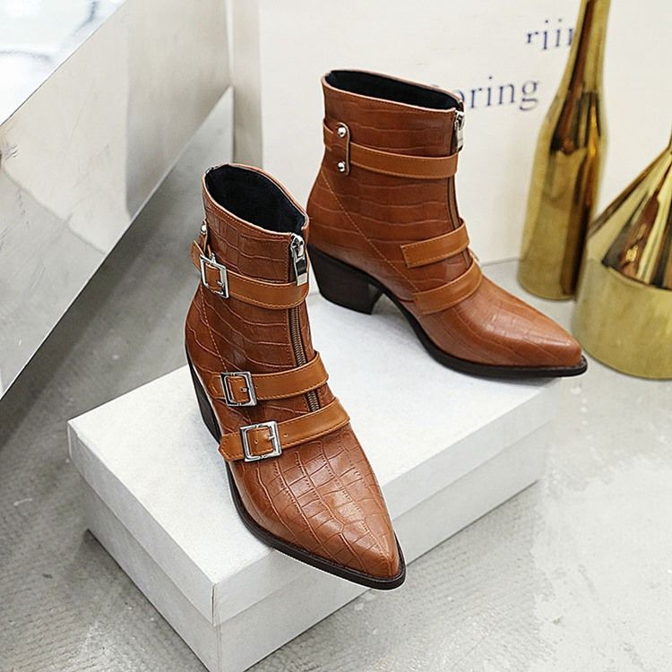 Bottines Unies À Bout Pointu Et Fermeture Éclair Avant Pour Femmes