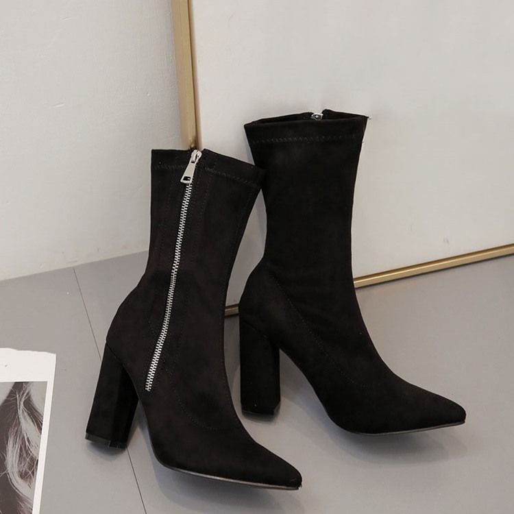 Bottines Unies À Talons Épais Et Fermeture Éclair Latérale Pour Femmes