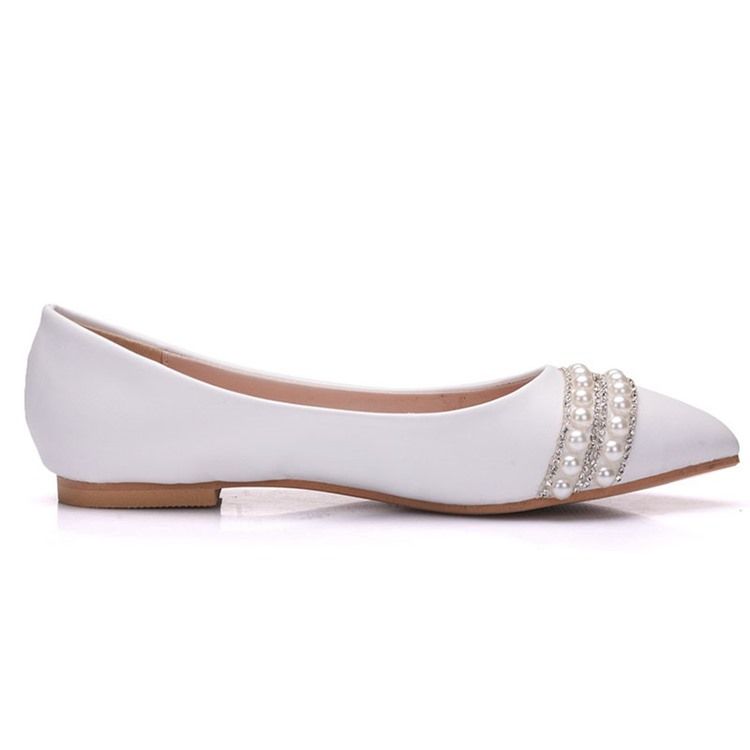 Strass Bloc Talon Bout Pointu Plaine Mince Chaussures Femmes Blanc Appartements