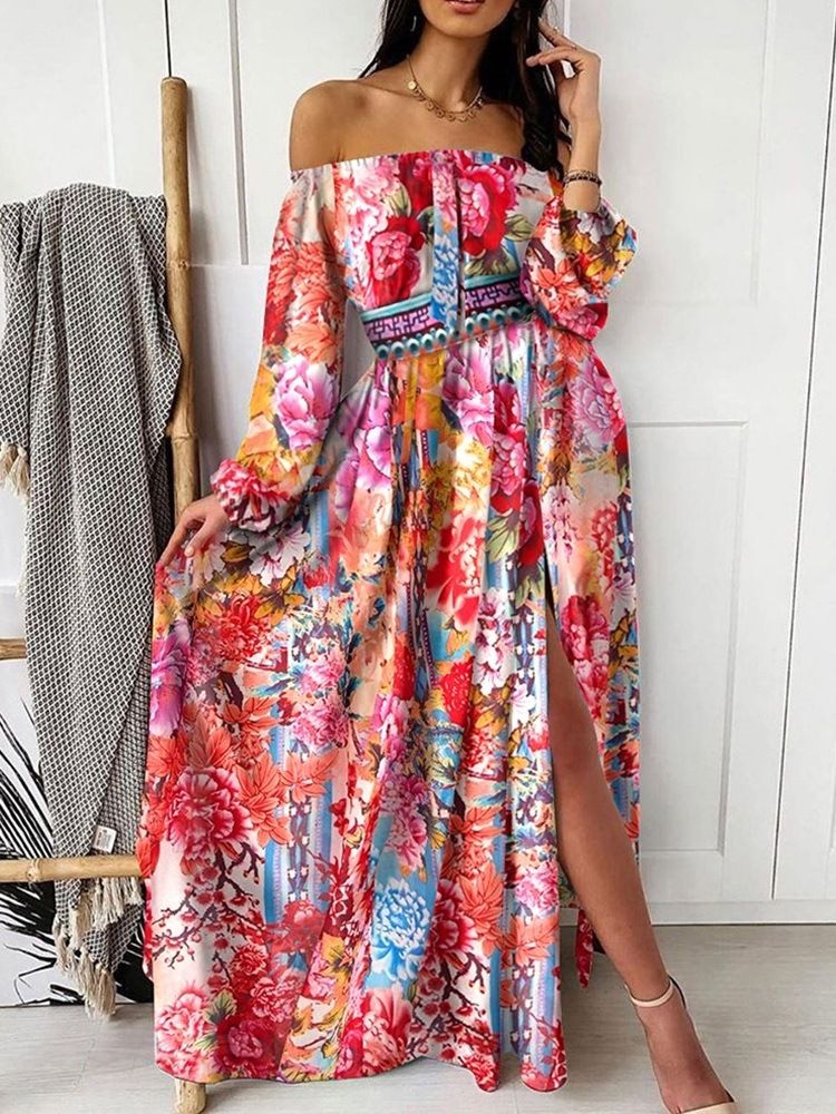 Imprimer À Manches Longues Au Sol-longueur Office Lady Pull Dress Floral Maxi Dress Robes De Plage Pour Les Femmes