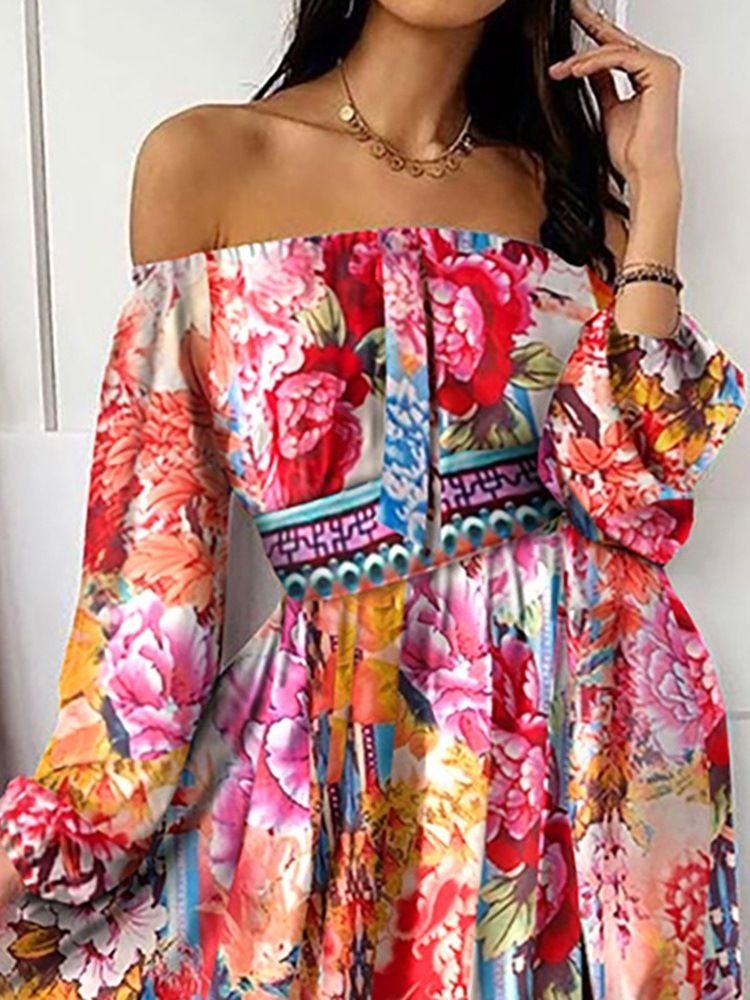 Imprimer À Manches Longues Au Sol-longueur Office Lady Pull Dress Floral Maxi Dress Robes De Plage Pour Les Femmes