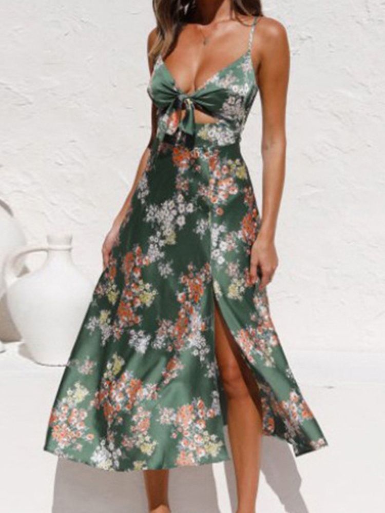 Mi-mollet Fendu Sans Manches A-ligne Floral Maxi Dress Robes De Plage Pour Les Femmes Robe D'invité De Mariage