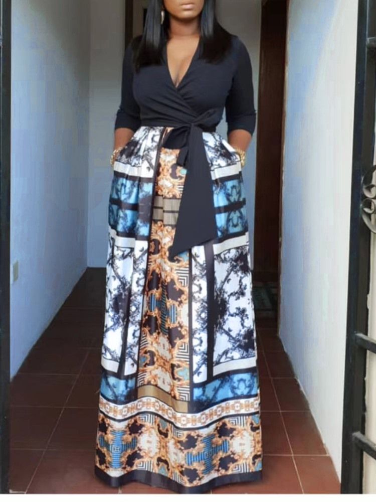 Robe Africaine À Taille Haute Et Imprimé À Col En V Pour Femmes