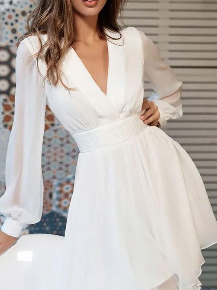 Robe Blanche À Col En V Au-dessus Du Genou Pour Femmes