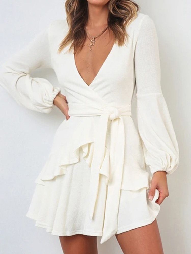 Robe Blanche À Col En V Au-dessus Du Genou À Manches Longues Pour Femmes