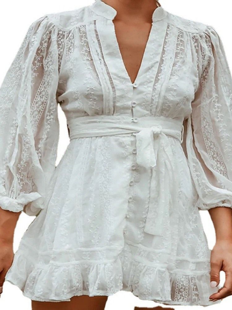 Robe Blanche Trapèze À Manches Longues À Lacets Au-dessus Du Genou Pour Femmes