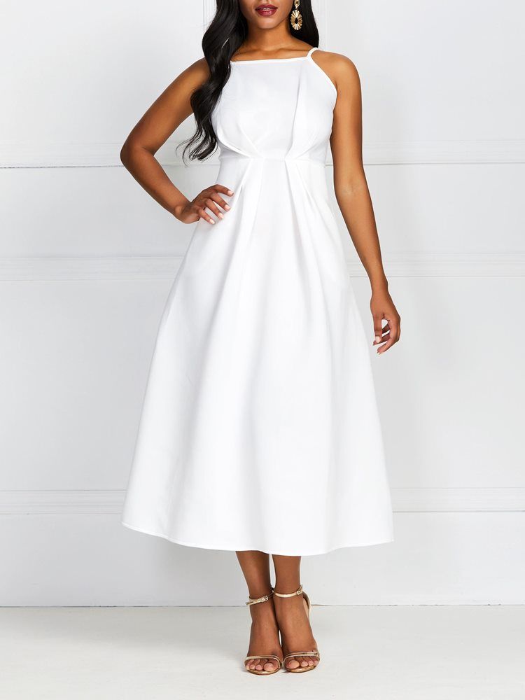 Robe Blanche Unie À Taille Standard Et Sans Manches À Mi-mollet Pour Femmes