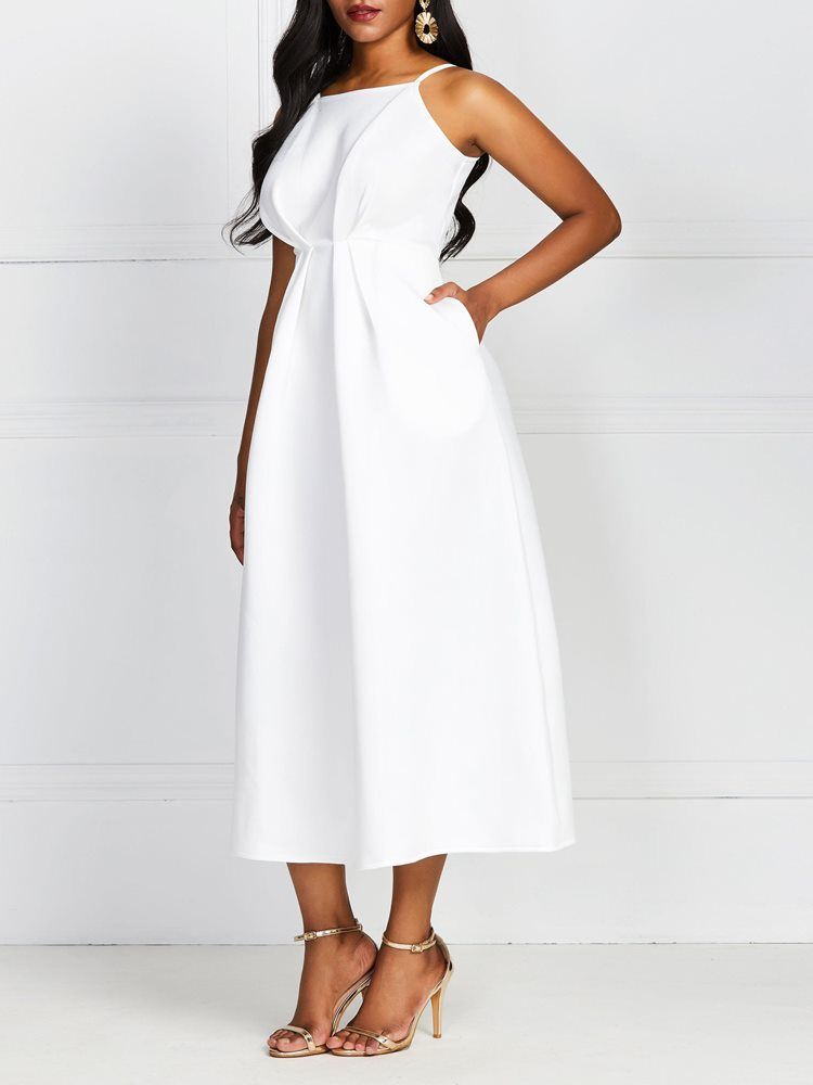 Robe Blanche Unie À Taille Standard Et Sans Manches À Mi-mollet Pour Femmes