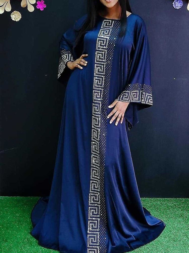 Robe Bleue Pour Femme Longueur Au Sol Manches Longues Et Col Rond Robe Géométrique