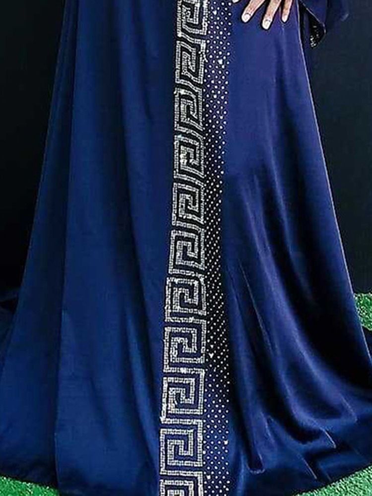 Robe Bleue Pour Femme Longueur Au Sol Manches Longues Et Col Rond Robe Géométrique