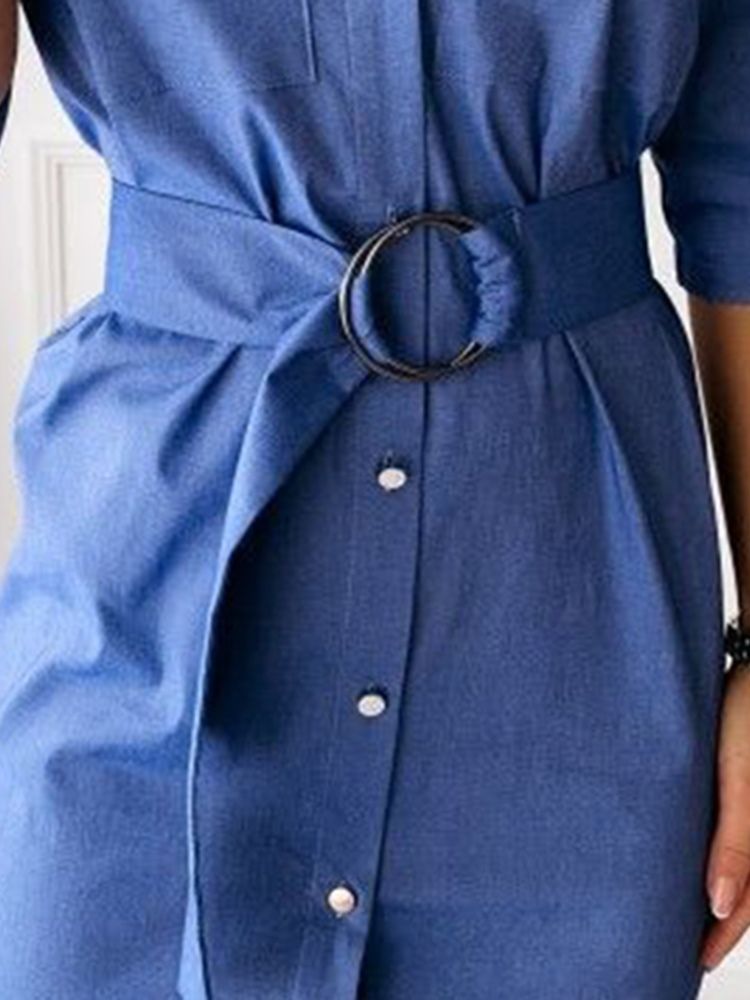 Robe À Boutonnage Simple À Manches Trois-quarts Et À Revers Au-dessus Du Genou Pour Femmes