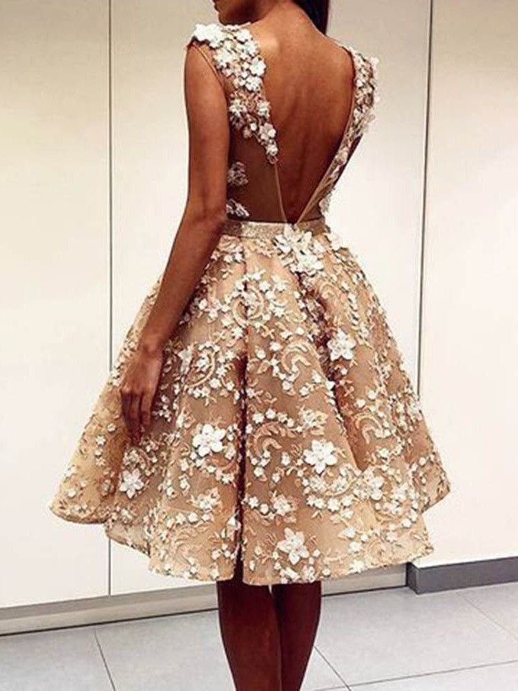 Robe De Cocktail Sans Manches En Dentelle À Col En V Pour Femmes