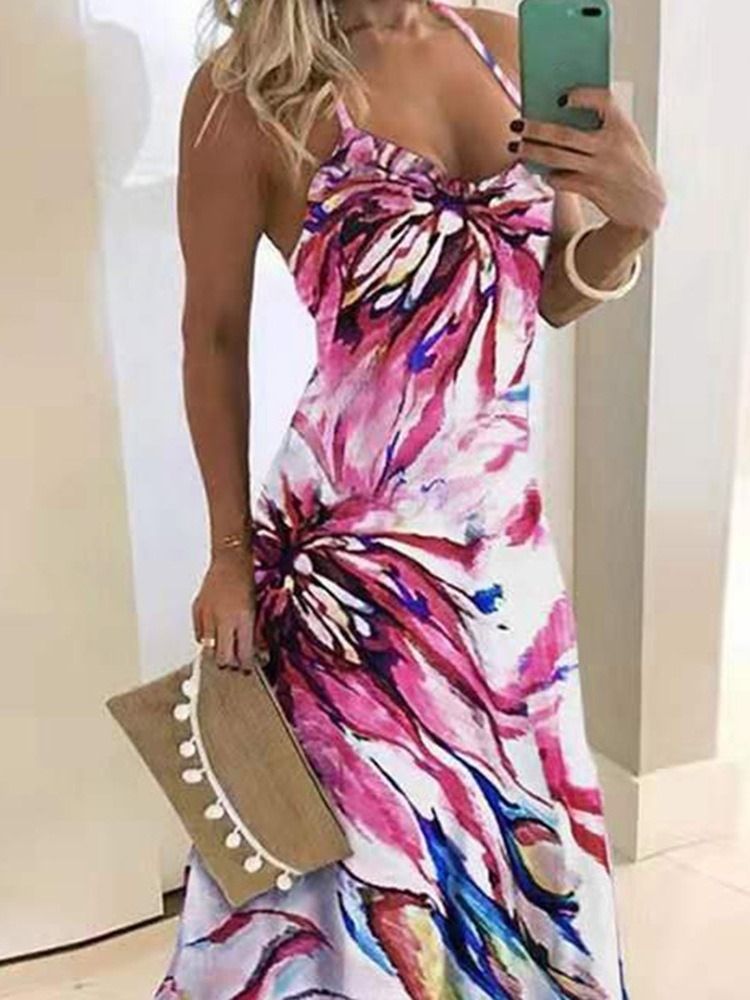 Robe De Cocktail De Soirée Imprimée Sans Manches Au Sol Pour Femmes