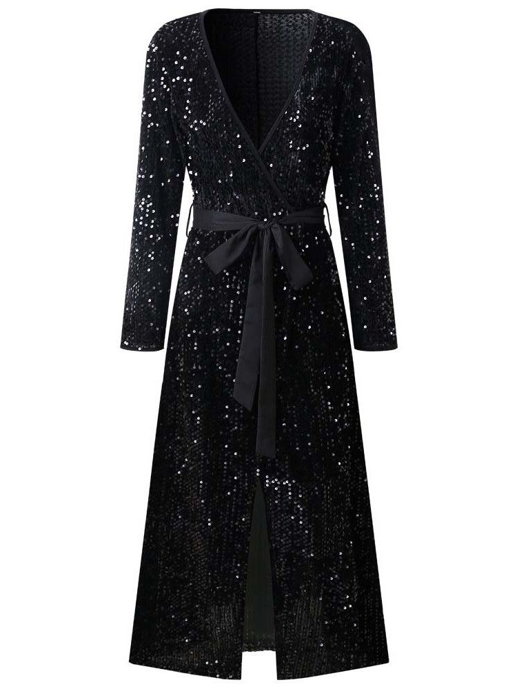 Robe D'automne Fendue À Manches Longues Et Col En V Pour Femmes