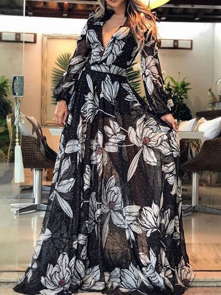 Robe D'automne Transparente À Col En V Et Longueur Au Sol Pour Femmes