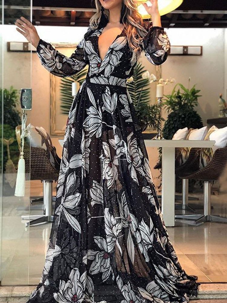 Robe D'automne Transparente À Col En V Et Longueur Au Sol Pour Femmes