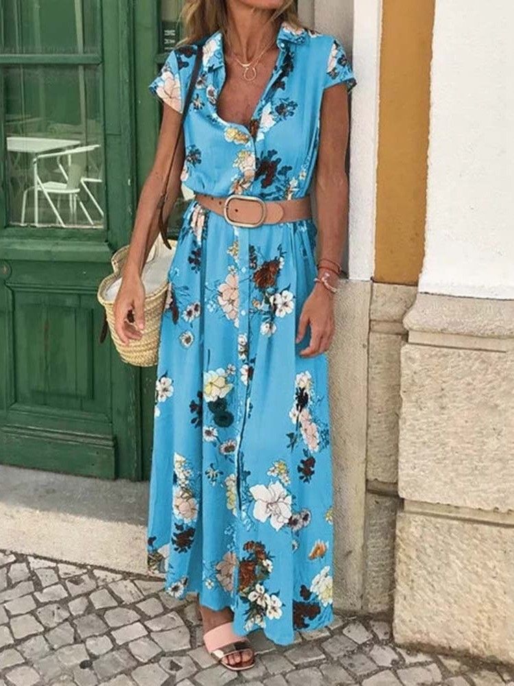 Robe D'été À Boutonnage Simple À Manches Courtes Et Imprimé Floral Pour Femmes (sans Ceinture)