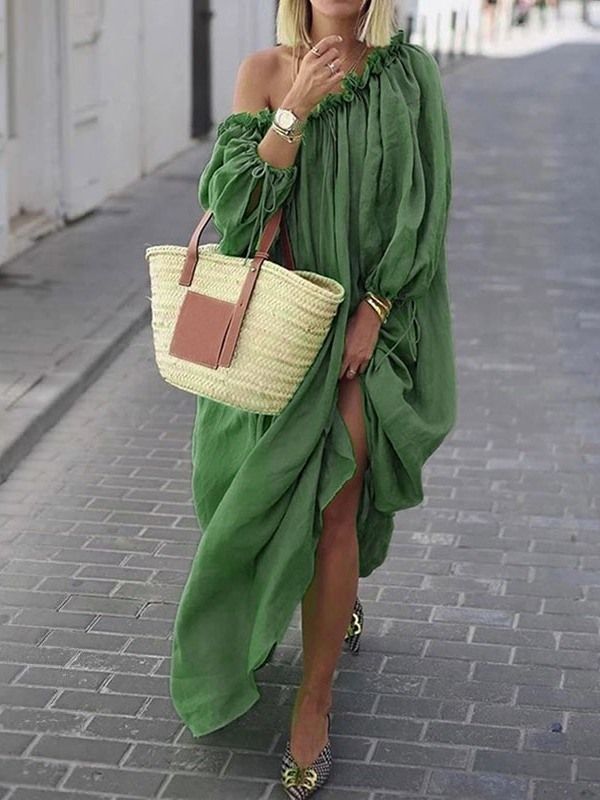 Robe D'été Décontractée À Manches Longues Et À Épaules Dénudées Pour Les Femmes