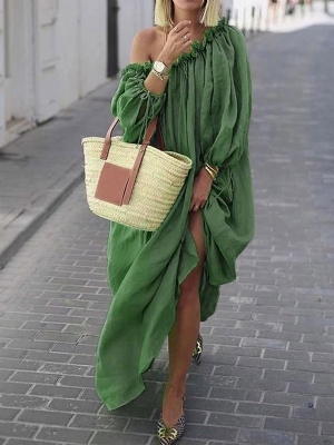 Robe D'été Décontractée À Manches Longues Et À Épaules Dénudées Pour Les Femmes