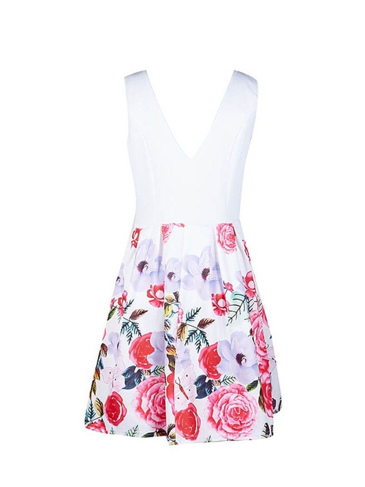 Robe D'été Simple À Imprimé Floral Pour Femmes Au-dessus Du Genou À Col En V