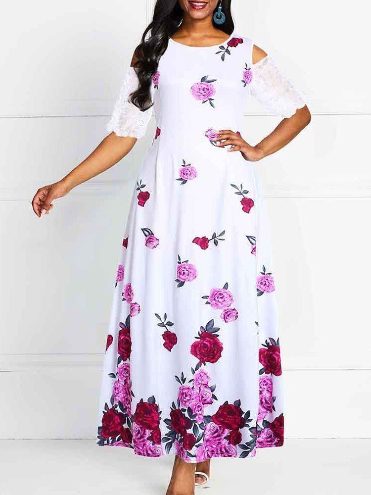 Robe D'expansion Florale À Épaules Dénudées Et À Demi-manches Pour Femmes