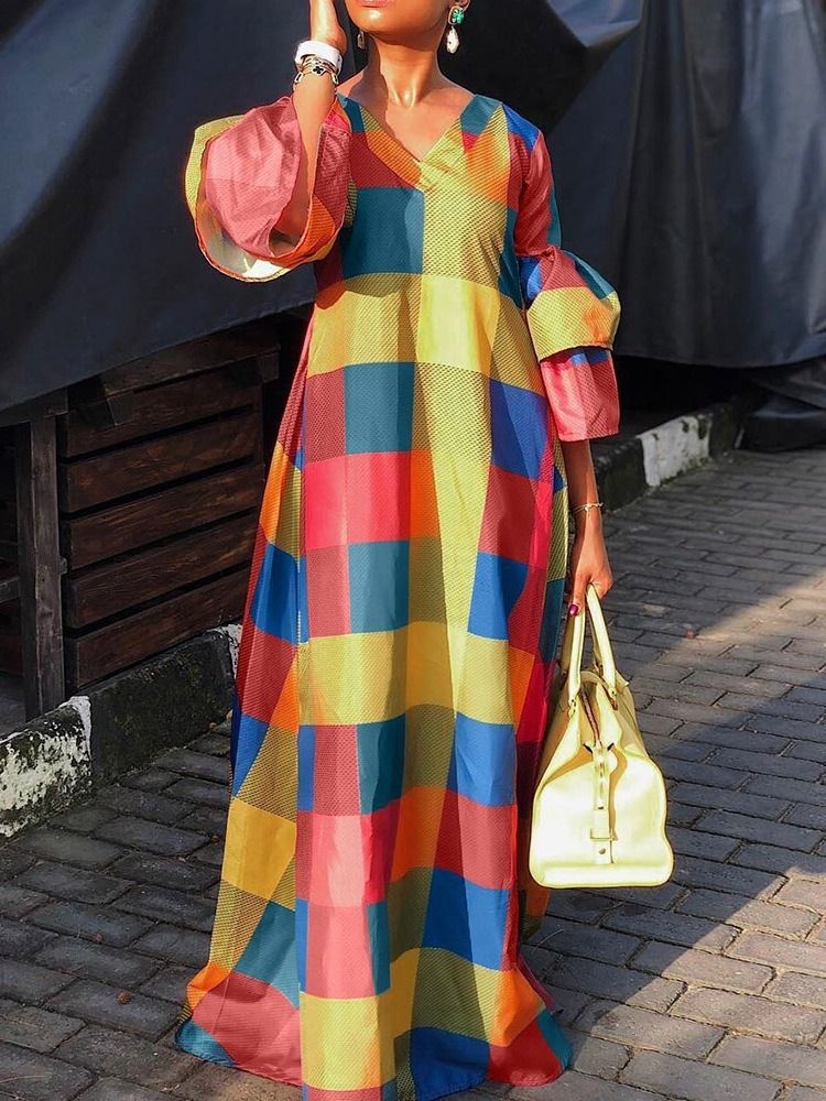 Robe À Encolure En V À Manches Trois-quarts Et Longueur Au Sol Pour Femmes