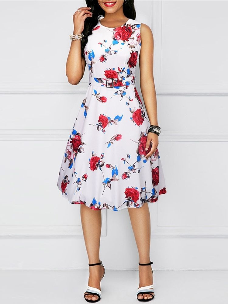 Robe De Femme De Bureau Sans Manches À Col Rond Et Longueur Au Genou