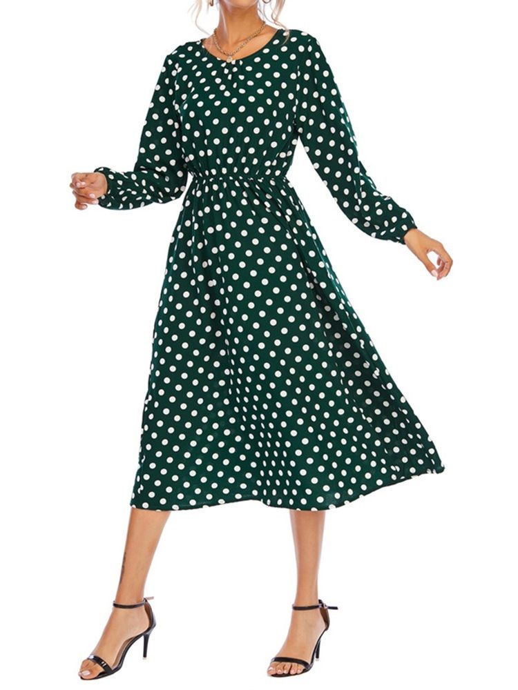 Robe Pour Femme À Col Rond Et À Manches Longues À Pois D'automne