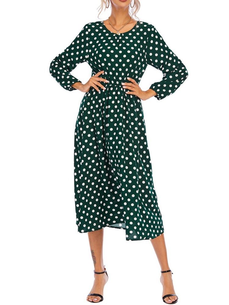 Robe Pour Femme À Col Rond Et À Manches Longues À Pois D'automne