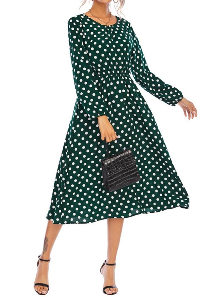 Robe Pour Femme À Col Rond Et À Manches Longues À Pois D'automne