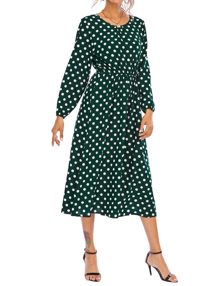 Robe Pour Femme À Col Rond Et À Manches Longues À Pois D'automne