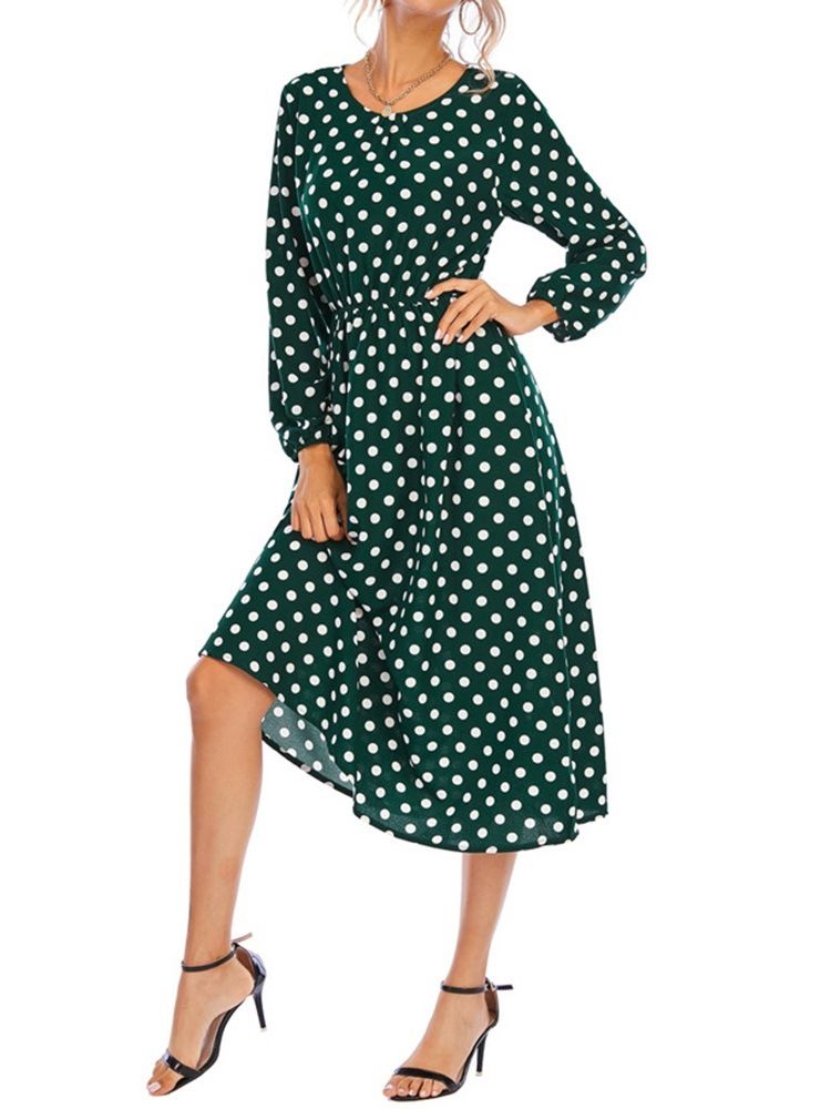 Robe Pour Femme À Col Rond Et À Manches Longues À Pois D'automne