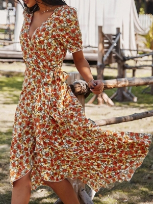 Robe Pour Femme À Col En V Et À Manches Courtes Et Mi-mollet