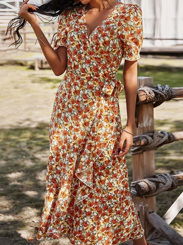 Robe Pour Femme À Col En V Et À Manches Courtes Et Mi-mollet