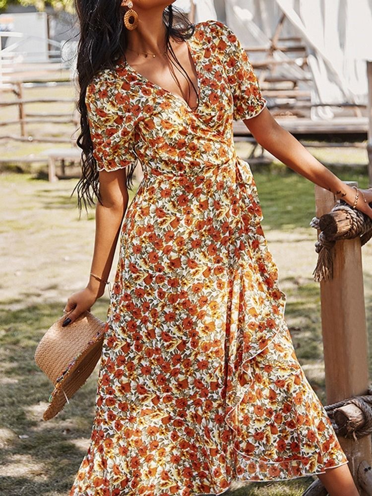 Robe Pour Femme À Col En V Et À Manches Courtes Et Mi-mollet