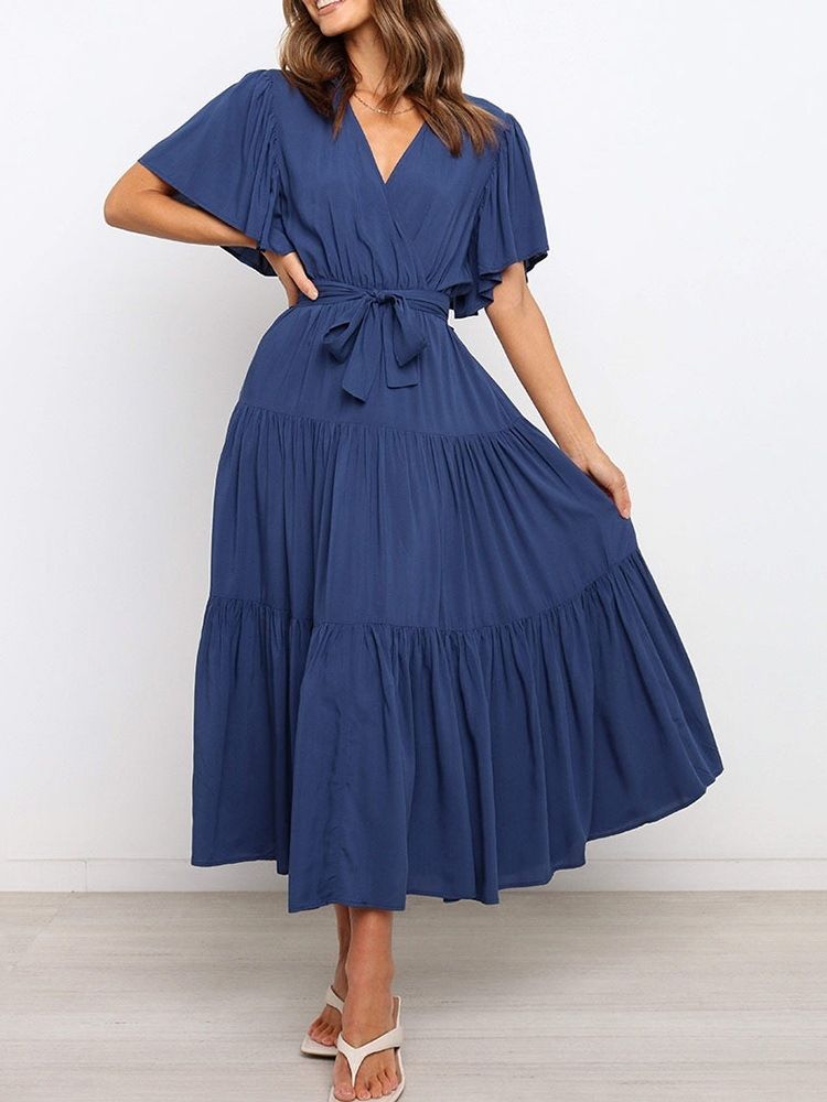 Robe Pour Femme Unie À Manches Courtes Et À Encolure En V