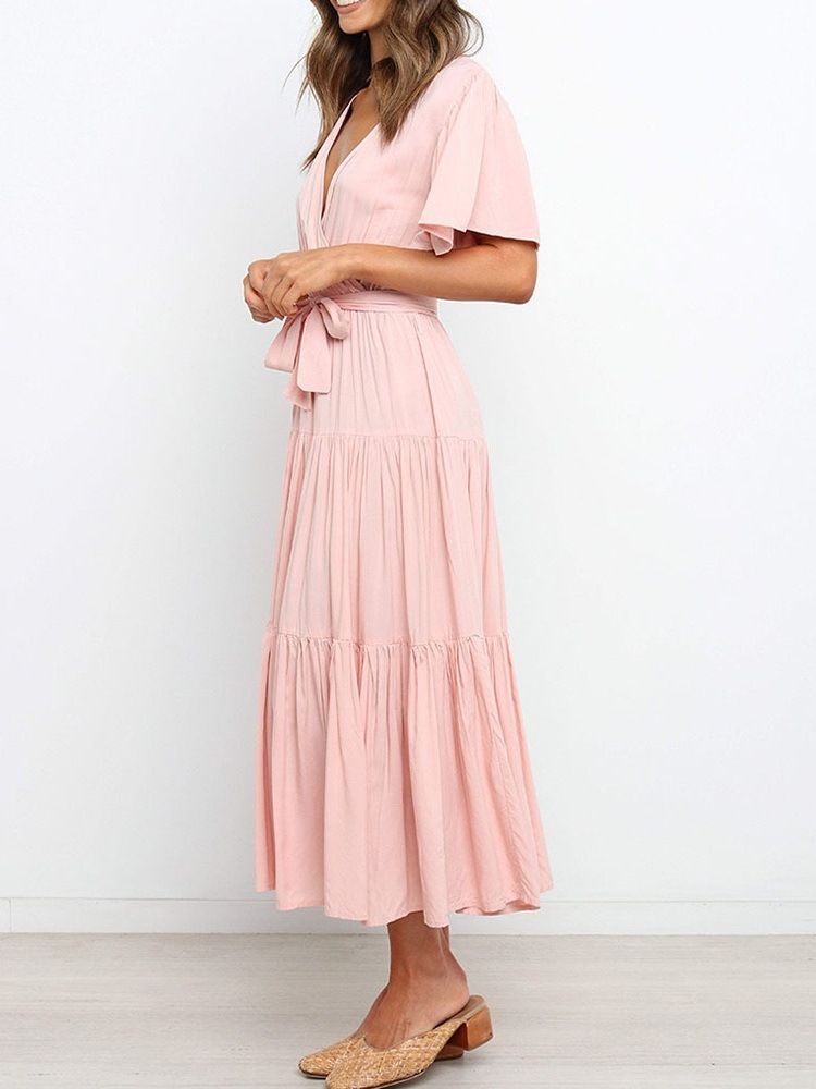 Robe Pour Femme Unie À Manches Courtes Et À Encolure En V