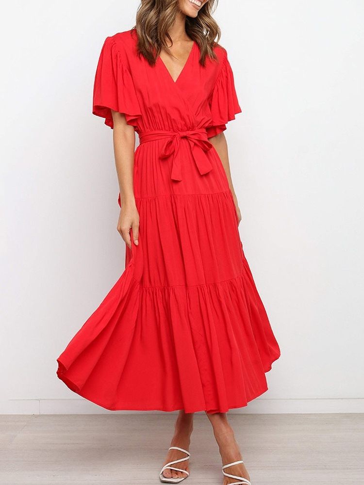 Robe Pour Femme Unie À Manches Courtes Et À Encolure En V