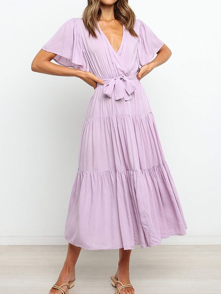 Robe Pour Femme Unie À Manches Courtes Et À Encolure En V