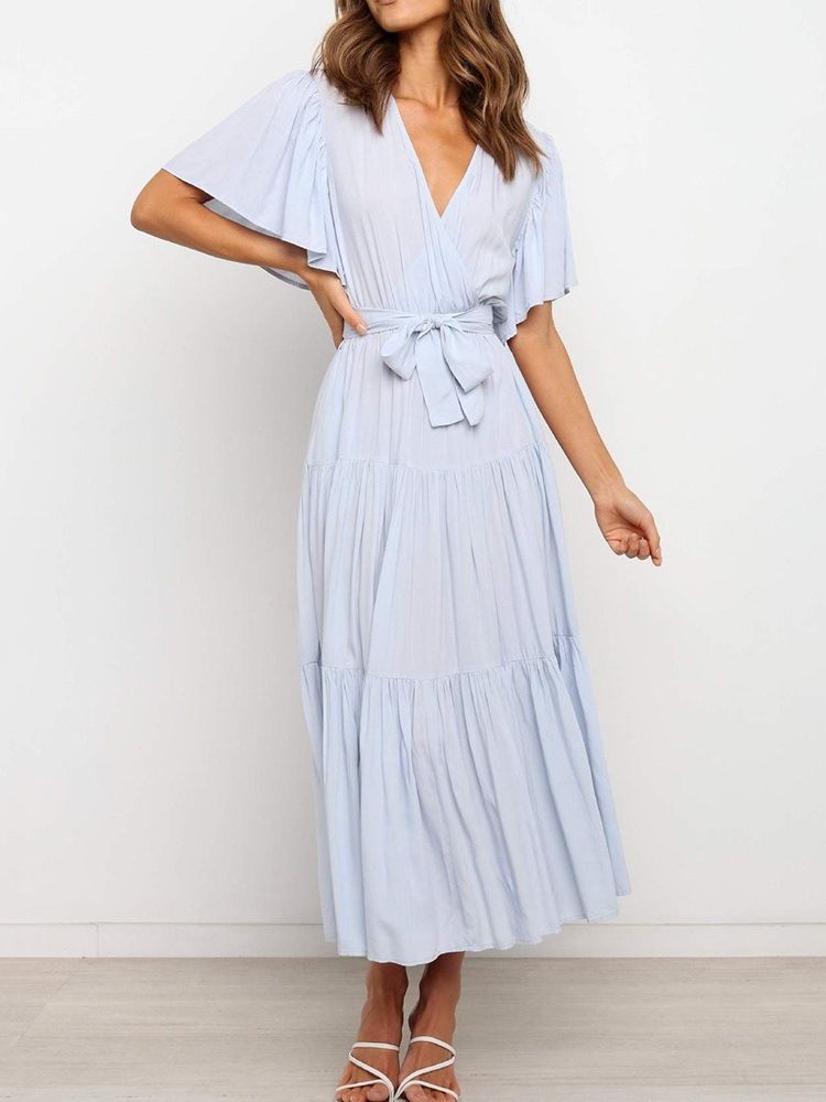 Robe Pour Femme Unie À Manches Courtes Et À Encolure En V