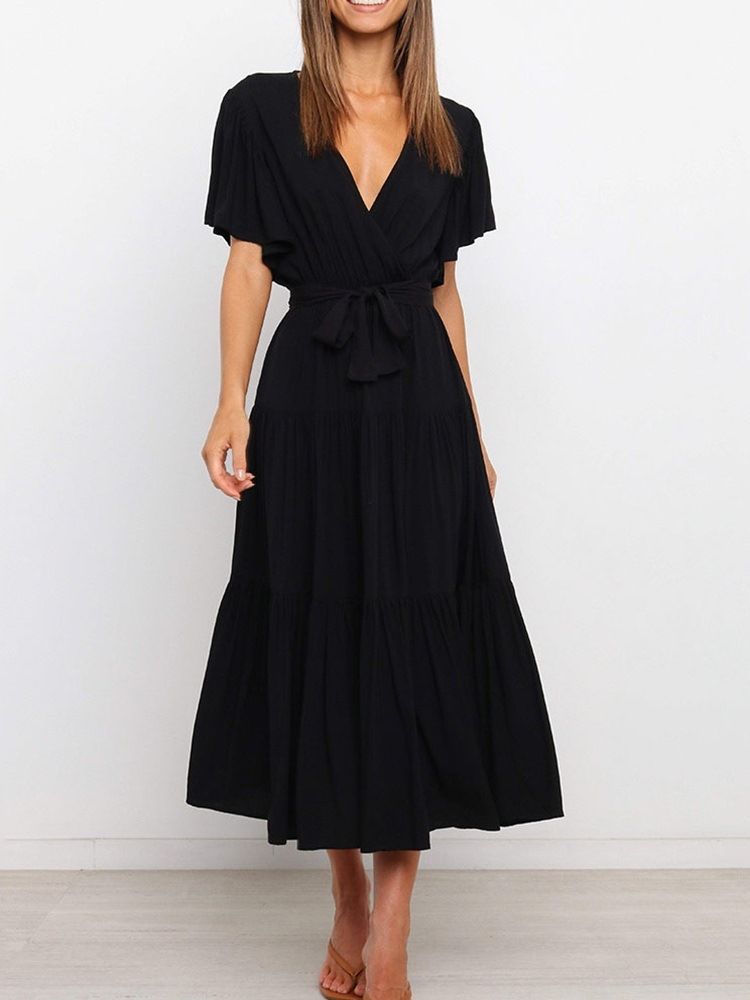 Robe Pour Femme Unie À Manches Courtes Et À Encolure En V