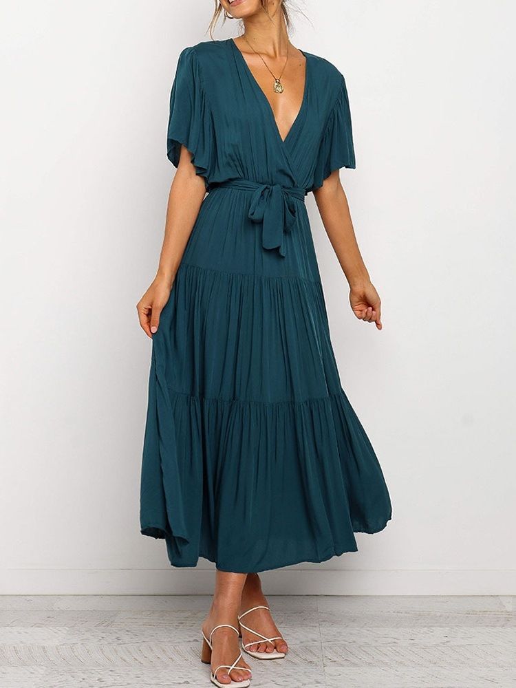 Robe Pour Femme Unie À Manches Courtes Et À Encolure En V