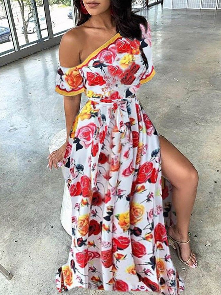 Robe Fendue Florale Pour Femme À Col Oblique Et Longueur Au Sol