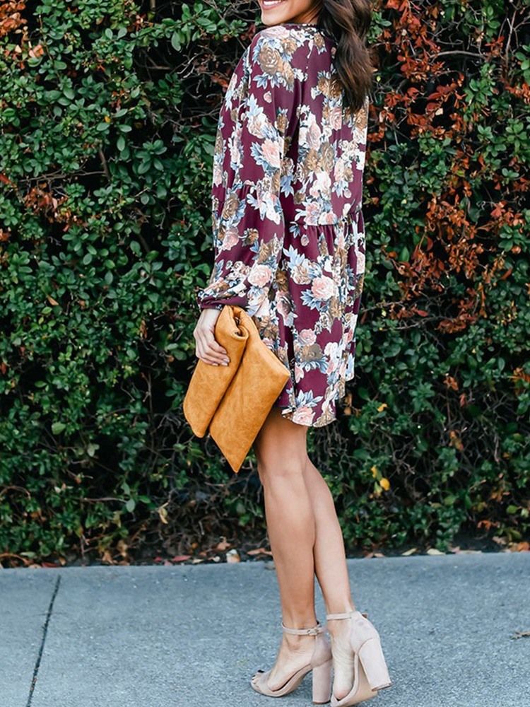 Robe À Fleurs Régulière À Manches Lanternes Et Col En V Au-dessus Du Genou Pour Femmes